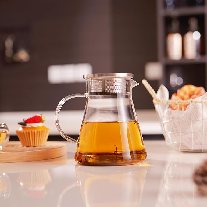 CNGLASS 30.5oz/900ml Glass Teapot Stovetop Safe,One-Touch Clear Tea Kettle,Blooming and Loose Leaf Tea Maker