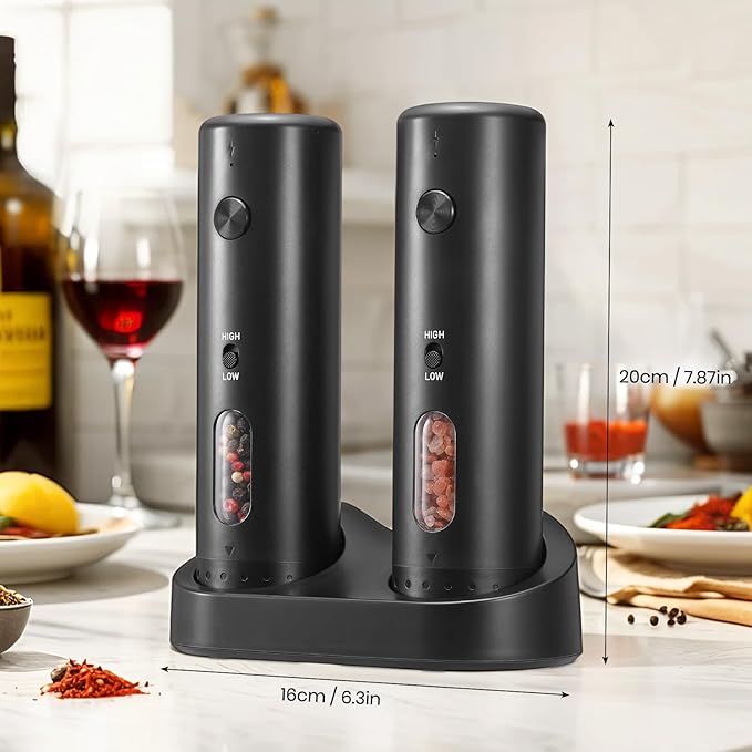 Rechargeable Salt Grinder Set Top-Refill Electric Grinders with Variable Grinding Speed, External Adjustable Coarseness, Black - Bloomnest