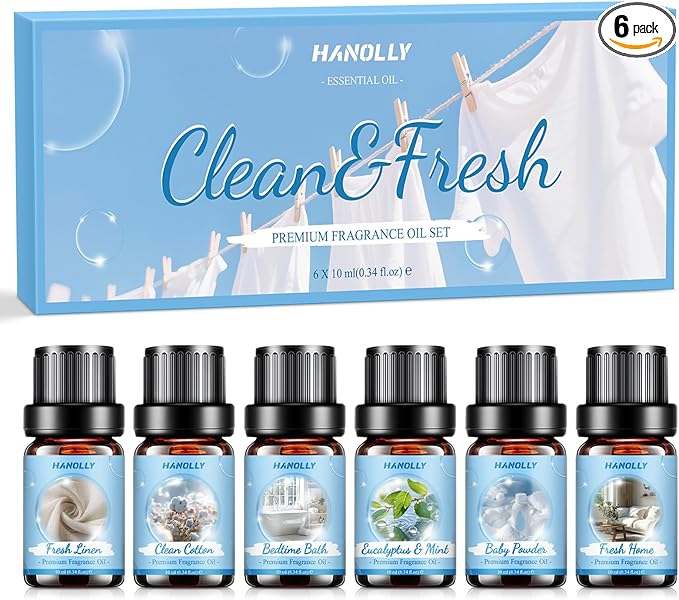 Essential Oils Set, Clean Scents Fragrance Oil Aromatherapy Essential Oils Kit for Diffuser (6x10ML) - Baby Powder, Bedtime Bath, Clean Cotton, Eucalyptus & Mint, Fresh Home, Fresh Linen Scented Oil - Bloomnest