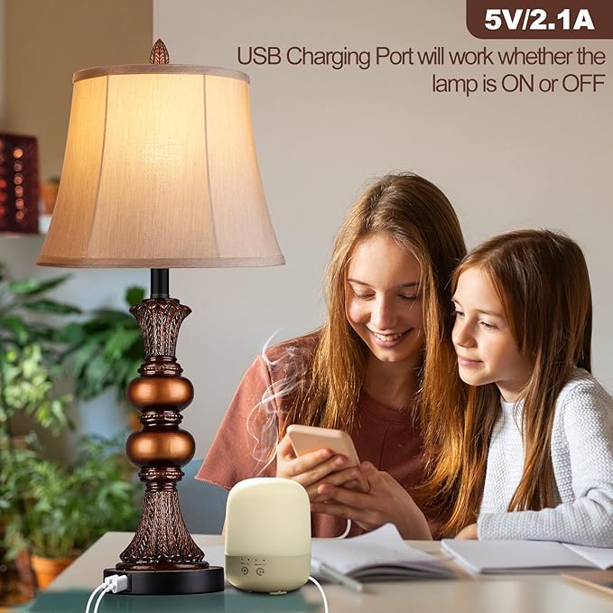 Set of 2 Touch Control Traditional Table Lamp, 27" H Bedside Lamps with 2 USB Charging Ports, 3-Way Dimmable Bronze Finish Large Nightstand Lamps with Bell Faux Silk Shade for Living Room, Bedroom - Bloomnest
