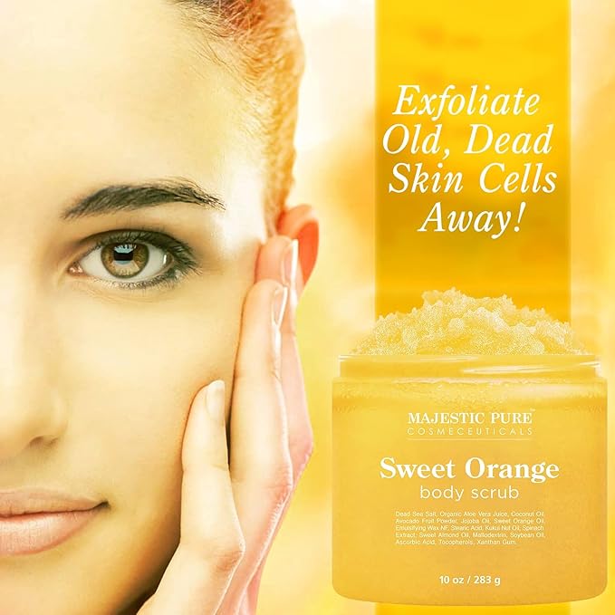 Majestic Pure Sweet Orange Body Scrub for All Natural Skin Care - Exfoliating Multi Purpose Body and Facial Scrub Moisturizes and Nourishes Face and Skin - 10 oz - Great Gift for Her - Bloomnest