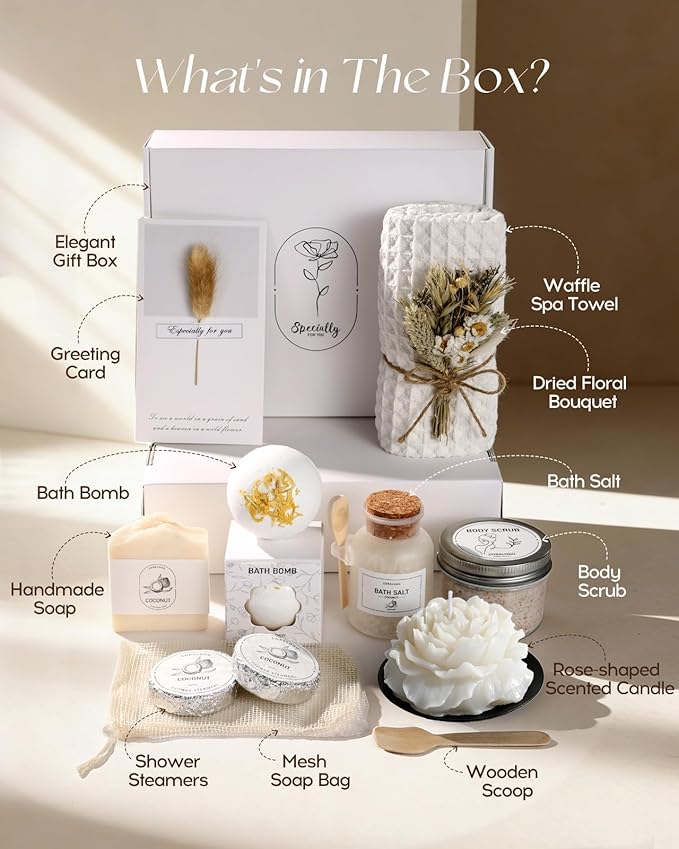 Coralogo Coconut Spa Gifts for Women - 12pc Self-care Spa Gift Basket with Bath Salt, Greeting Card - Thinking of You Basket for Her Birthday, Christmas, Mother's Day, Valentine's Day - Bloomnest
