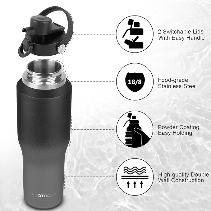 32oz Water Bottle Insulated with Powder Coated, Fit in Any Car Cup Holder, Water Bottles with Straw and Spout Lids, Stainless Steel Insulated Double Wall Leak-proof BPA Free to Keep Cold&Hot - Bloomnest