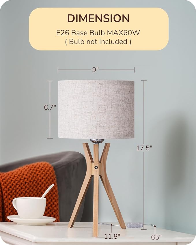 EDISHINE Tripod Table Lamp, 17.5" Modern Bedside Lamp with Natural Wood-Colored Lamp Legs & Beige Linen Lampshade, Boho Nightstand Lamp for Bedroom, Living Room, Reading Room, E26 Base - Bloomnest