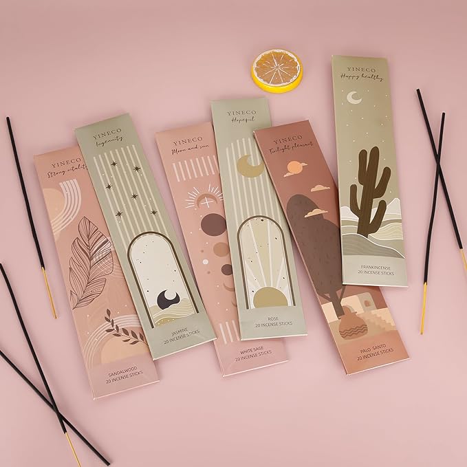 Incense Sticks Set of 120-6 Scents (White Sage, Sandalwood, Jasmine, Lavender, Dragon's Blood & Yoga) for Positive Aura, Relaxation & Meditation, Boho Gift Set, Magic Hour YINECO