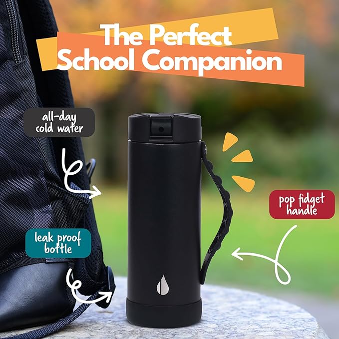 Elemental Iconic Kids Water Bottle for School - 100% Leak-Proof Insulated Water Bottles with Straw Lid & Pop-It Handle for Boys & Girls - Triple-Wall Insulated & BPA-Free, 14oz – Black - Bloomnest