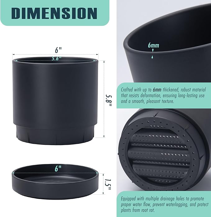 6 Inch Modern Plastic Round Pots for Indoor Houseplants and Herbs, Pack of 3 Planter Pot with Drainage Hole & Saucer, Deep Water Catch Tray, Straight Cylindrical Pot for Plants, Matte Black, 23-D-S-2 - Bloomnest