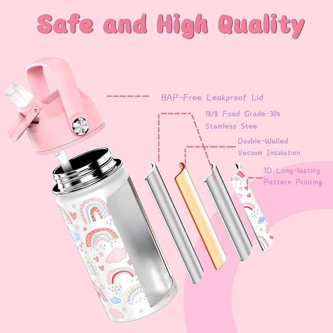 14oz Kids Insulated Water Bottle with Straw Lid - 18/8 Stainless Steel Kid Cup Travel Tumbler Double Wall Vacuum Leak Proof Portable Toddler Water Bottle (Rainbow) - Bloomnest
