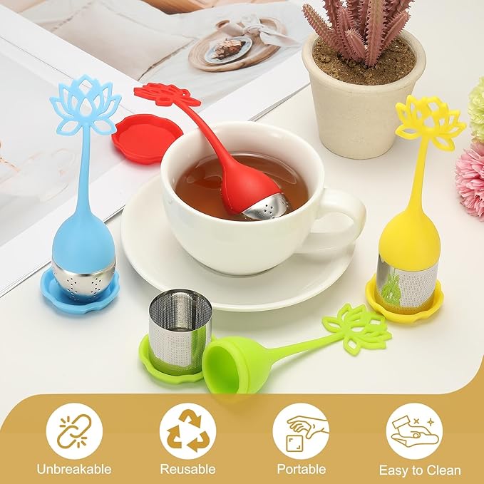 uxcell 2 Pcs Lotus Tea Infuser, Stainless Steel Loose Leaf Tea Steeper Filter with Silicone Handle Reusable Coarse Pores Mesh Strainer Diffuser for Teacups Teapots Mugs, Red - Bloomnest
