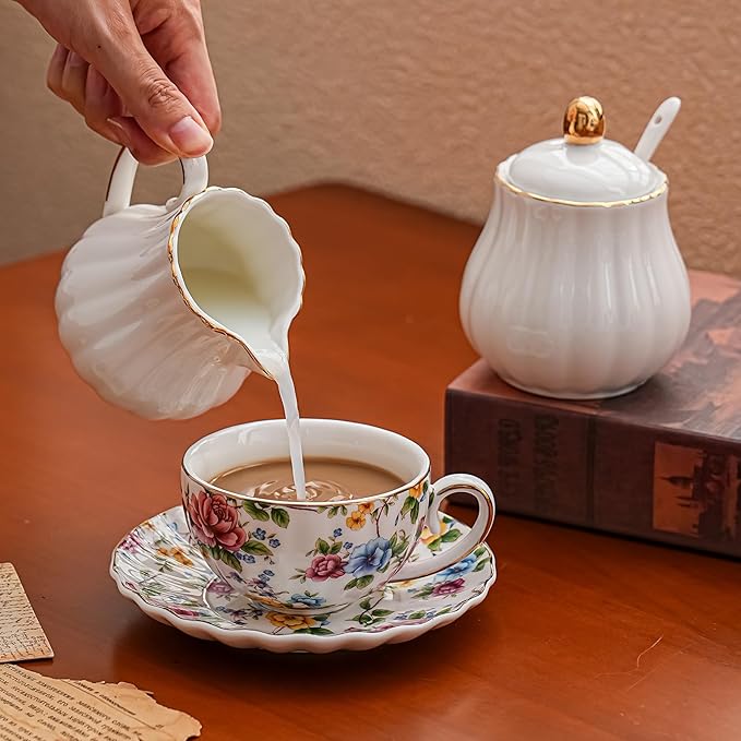 Ceramic Tea Cup and Saucers, 6.4oz Floral Tea Cups, Coffee Cappuccino Espresso Latte Mugs for Party Birthday,Christmas Gift (Flowers and green leaves) - Bloomnest
