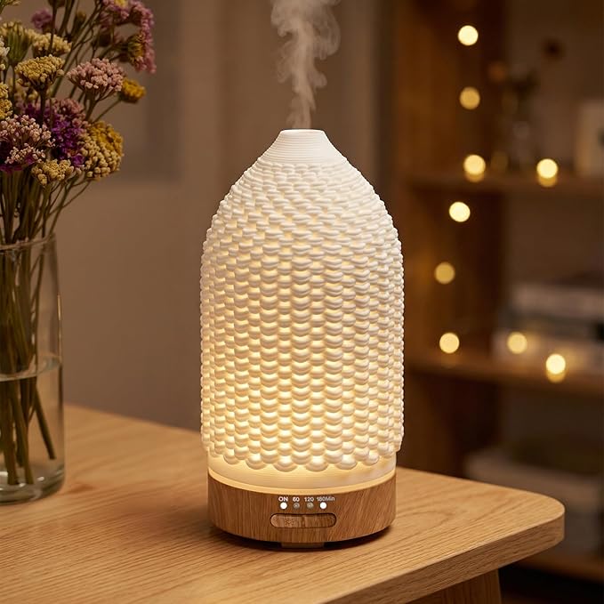 Ultrasonic Essential Oil Diffuser 100ML - Cool Mist Humidifier, 7-Color LED Lights, 3 Timer & Auto Shut-Off, Ideal Gift for Home Bedroom Office (Cream) - Bloomnest