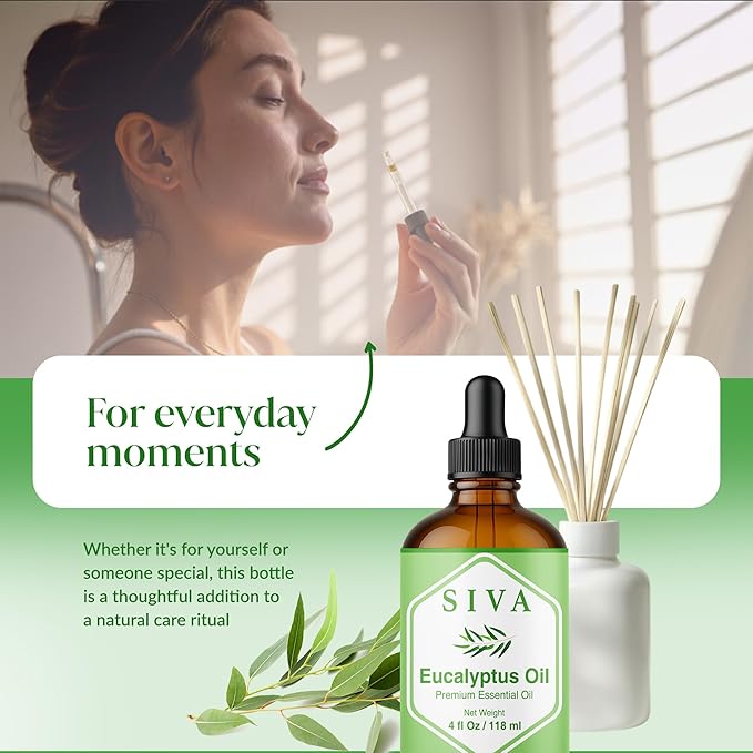 Siva Eucalyptus Essential Oil - 4 Fl Oz – 100% Natural Eucalyptus Oil - for Diffuser, Face, Skin Care, Aromatherapy, Hair Care, Scalp and Body Massage - with Dropper - Bloomnest
