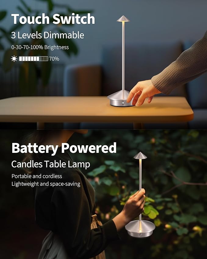 Modern Cordless Table Lamp Set of 2, Portable LED Desk Lamps, 5000mAh Rechargeable Battery Operated Lighting for Bedroom Dining Room Restaurant Coffee Shop Camping Night Light (Brushed Nickel) - Bloomnest