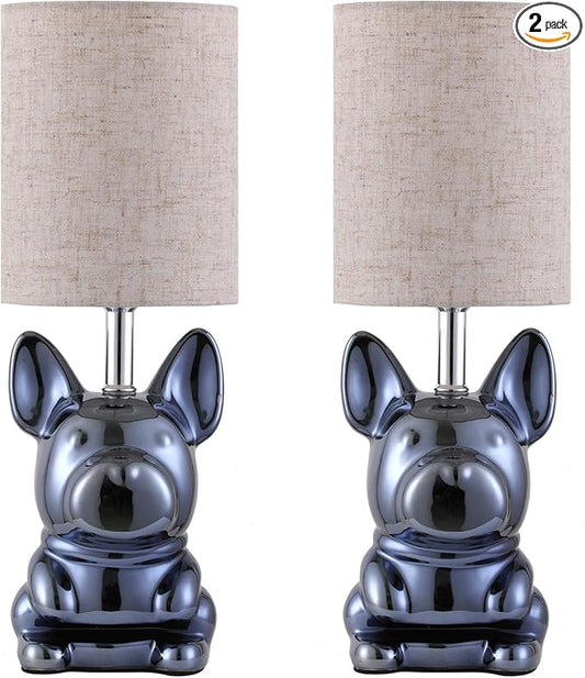 Set of 2 Ceramic Table Lamp, Puppy Shape Desk Lamp Cute Bedside Lamp for Nightstand, Living Room, Bedroom, Gifts for Kids Girls, 4W LED Bulb Included, Navy - Bloomnest