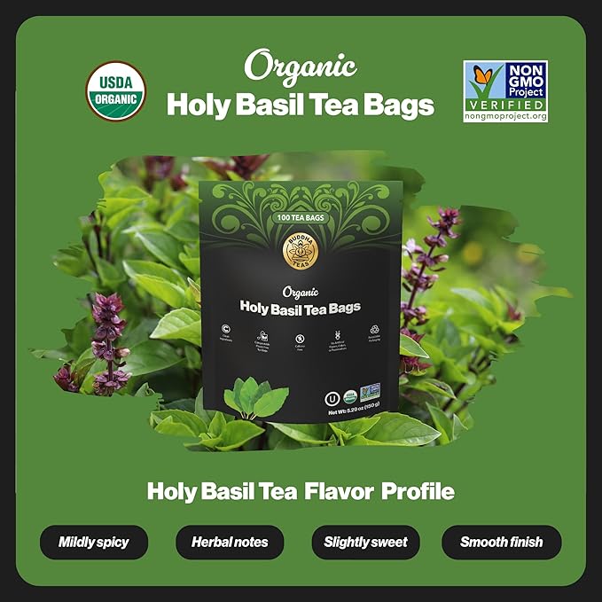 Buddha Teas - Organic Holy Basil Tea Bags - For Health & Wellbeing - Ayurvedic Tulsi - With Antioxidants - Clean Ingredients - Caffeine Free - OU Kosher & Non-GMO - 100 Non-String Tea Bags (Pack of 1) - Bloomnest