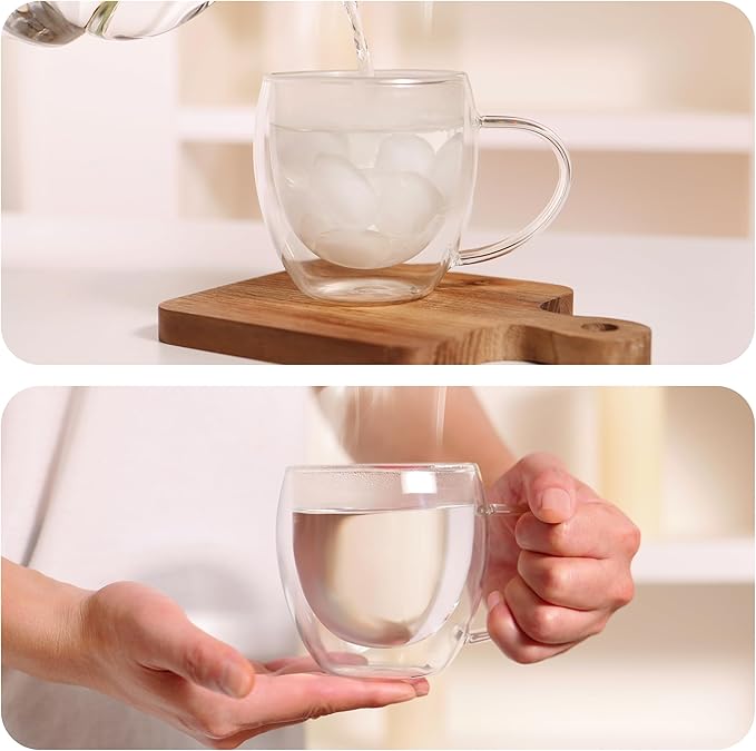 CNGLASS 12oz(4-pack) Double Walled Glass Coffee Mugs,Insulated Glass Mugs with Handle,Clear Espresso Cups for Latte,Cappuccino,Tea Bag - Bloomnest
