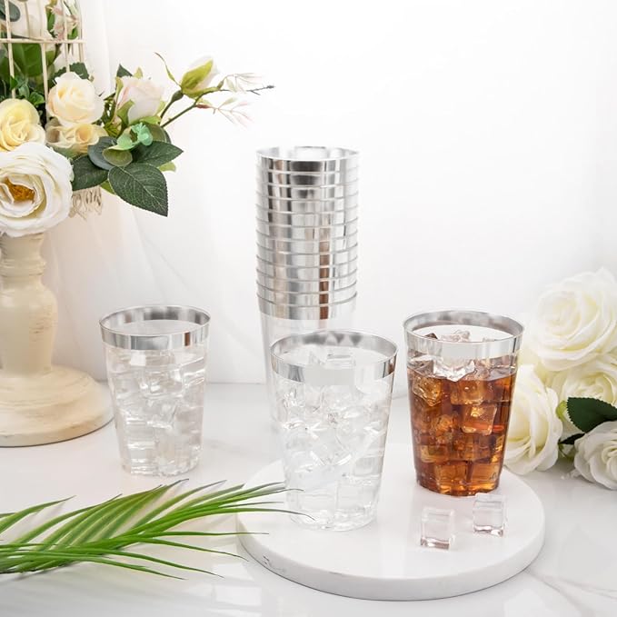 I00000 100 Pack 12 oz Silver Plastic Cups, Silver Rimmed Disposable Cups, Party Wine Glasses Cocktail Glasses Premium Cups with Silver Rim, 12 Ounce Plastic Tumblers For Party - Bloomnest