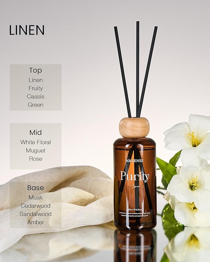M&SENSE Linen Scent Reed Diffuser | 6.3 fl oz Natural Essential Oil Diffuser with Sticks, Non-Toxic Housewarming Aromatherapy Diffuser Gift for Bathroom & Shelf Decor MSENSE
