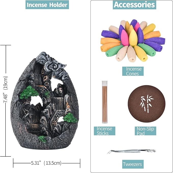 Backflow Incense Holder Resin Mountain Incense Burner Fountain Waterfall Incense Holders Home Decor with 120 Pcs Backflow Incense Cones 30 Pcs Incense Sticks (Creek) - Bloomnest