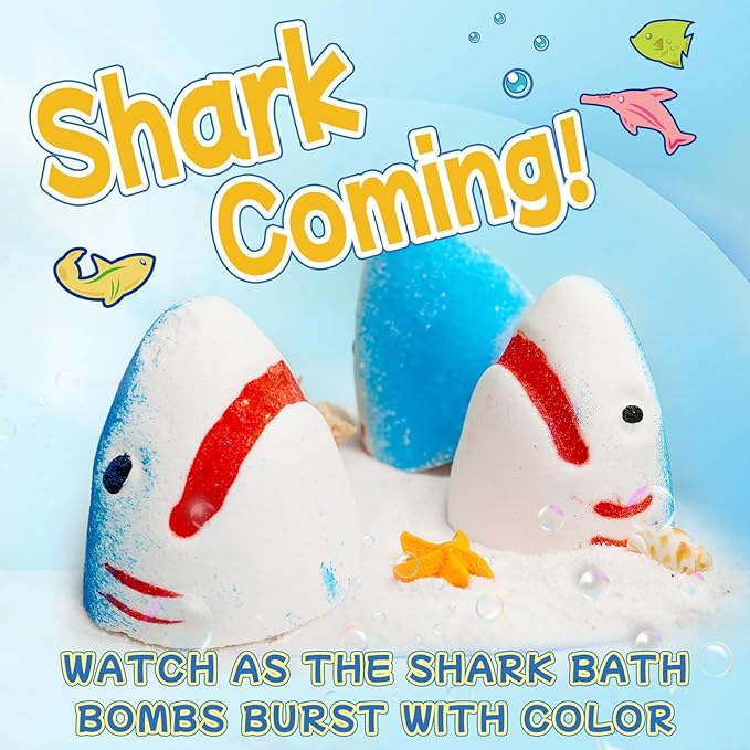 Shark Bath Bombs for Kids with Surprise Fishing Toy Set, 8 Fun Exploding Bath Balls & 9 Fishing Toys, Natural Handmade Organic Bubble Bath Fizzies, Ideal Birthday Holiday Christmas Gift for Boys Girls - Bloomnest