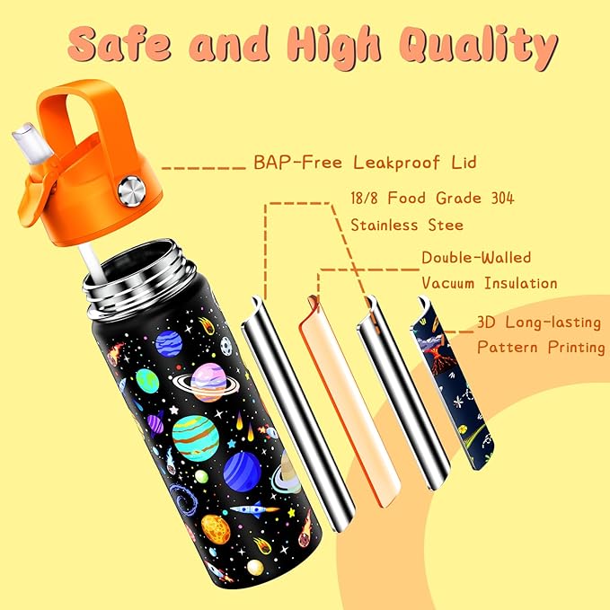 18oz Kids Insulated Water Bottle with Straw Lid - 18/8 Stainless Steel Kid Cup BPA-FREE Travel Tumbler Double Wall Vacuum Leak Proof Portable Toddler Water Bottle (Space) - Bloomnest