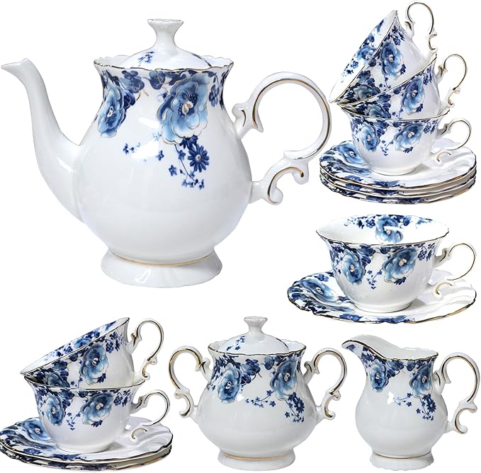 21-Piece Bone China Tea Set for Adults, Blue and White Porcelain Tea Set for 6, Vintage Floral Tea Cup Set With Teapot, Tea Party Sets for Women Gift，Gift Box - Bloomnest