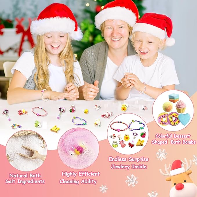 Bath Bombs Advent Calendar 2025 Kids with Surprise Toys Inside 24 Days of Christmas Countdown Calendar Donut Cupcake Bath Bombs Set Birthday Christmas Gifts for Kids Girls - Bloomnest