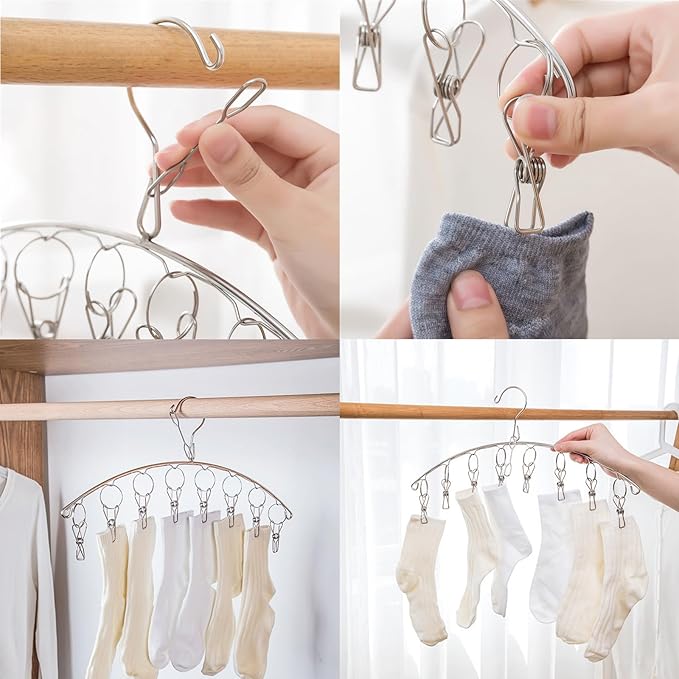 2Pcs Clothes Drying Hanger with 16 Clips, Stainless Steel Sock Air Drying Rack, Windproof Anti-Lost for All Small Laudry Item and Herbs - Bloomnest
