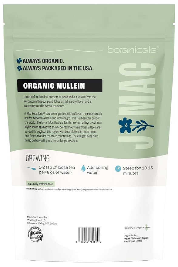 J Mac Botanicals Organic Mullein Leaves (4 oz) Certified USDA Organic. Loose Leaf Mullein Herbal Tea - Bloomnest