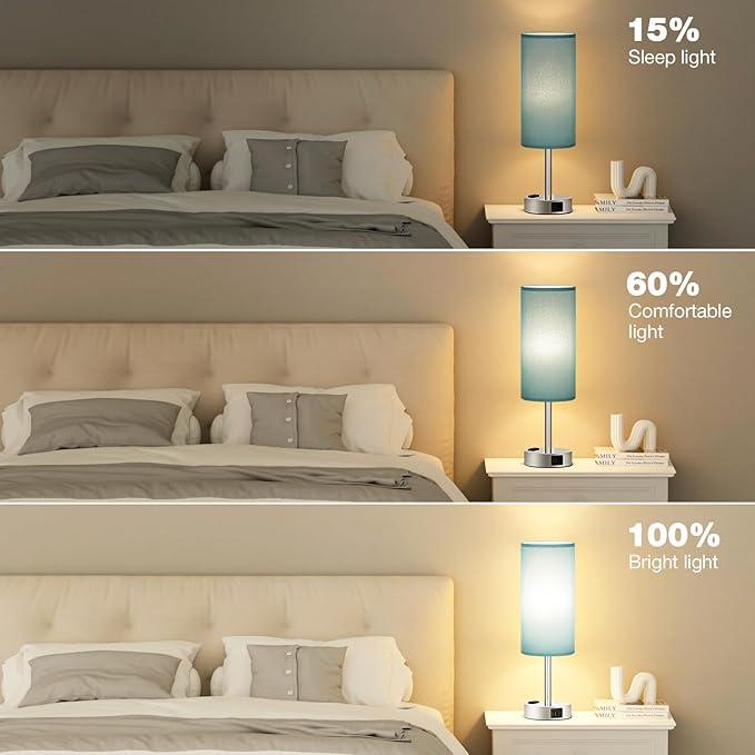 Fenmzee Turquoise Nightstand Table Lamp for Bedroom - 3 Way Dimmable Touch Lamp USB A and C Charging Ports and AC Outlet, Small Lamp for Office Desk with Metal Base, LED Bulb Included - Bloomnest