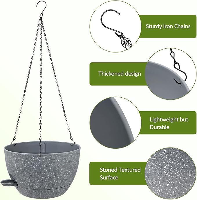 WOUSIWER Self Watering Hanging Planters, 2 Pack 12'' Plastic Pots with Drainage Holes & Reservoir Tray (Speckled Grey) | Indoor & Outdoor Use for Ferns, Ivy, Herbs, Succulents - Bloomnest