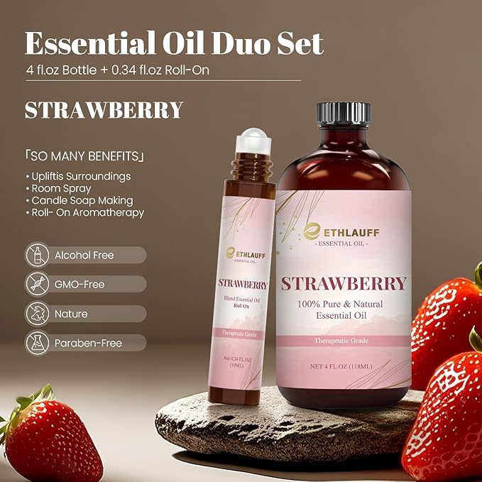 Strawberry Essential Oil (4 fl.oz Bottle + 0.34 fl.oz Roll-On) — Strawberry Oils for Aromatherapy, Diffusers, Humidifiers, Home fragrances, DIY Skincare, Candle, Soap Making, Relaxation, Yoga Ethlauff