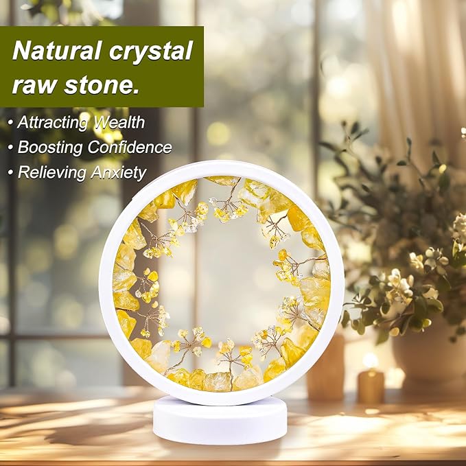 Runyangshi Natural Crystal Citrine Small Tree Round White Frame Tri-Color Ambient Light Home Decoration Night Light Healing Decor Gift - Bloomnest
