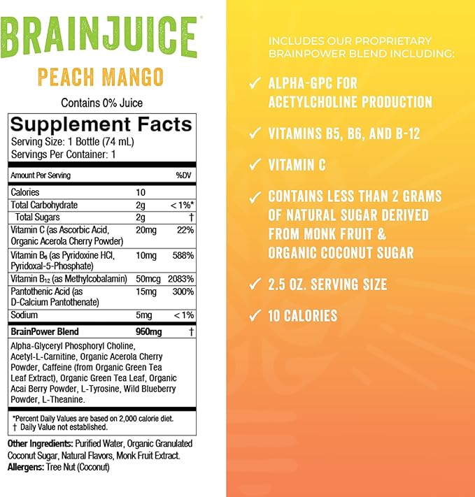 BrainJuice Brain Support Shot, Gluten Free Supplement Shots for Energy & Focus, Healthy Drinks with Alpha GPC, Vitamin B & Organic Green Tea Extract Caffeine, Peach Mango, 2.5 fl oz, 12 Pack - Bloomnest