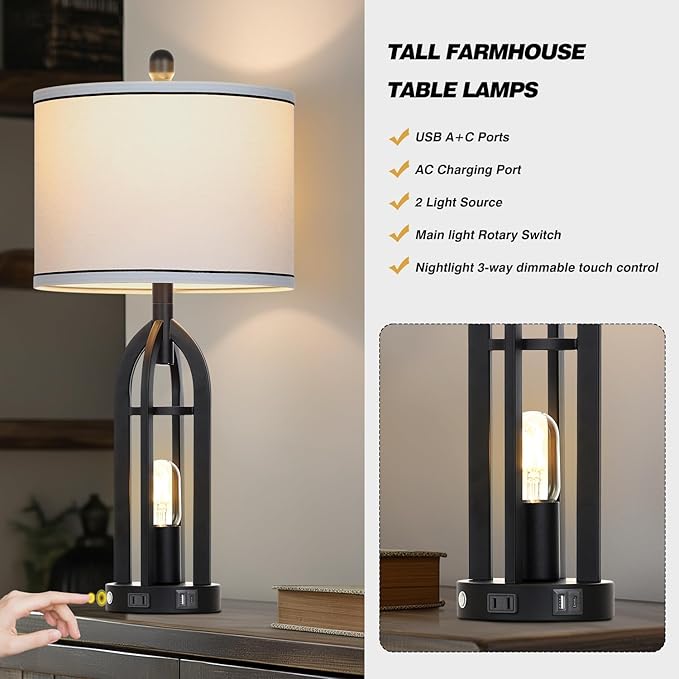27" Black Table Lamp for Living Room,Black Table Lamps Set of 2 with USB & AC Outlet, 3-Way Dimmable Farmhouse Lamps for Night Stands, Vintage Bedside Lamp for End Tables, Nightstand Lamps for Bedroom - Bloomnest