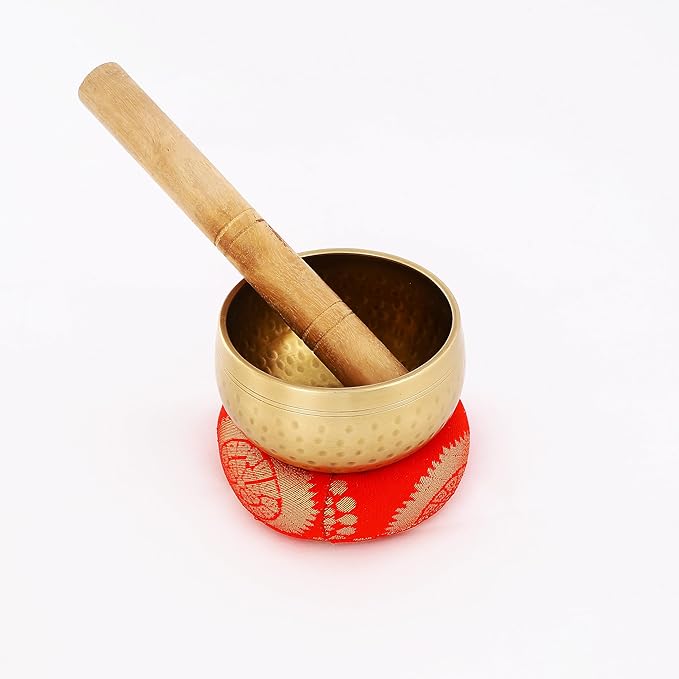 Indian Consigners Tibetan Singing Bowl Set – 3.5-Inch Medium Brass Meditation Sound Bowl with Wooden Mallet & Silk Cushion – Handmade in Nepal for Yoga, Mindfulness & Chakra Healing VisitIndianConsigners