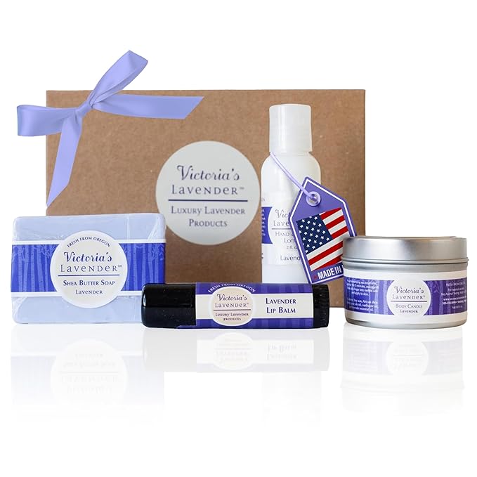 Victoria's Lavender Gift Set - Handmade Soap, Hand & Body Lotion, Lip Balm, Body Candle Luxury Lavender Products, Ideal Pamper Gifts for Women & Spa Gift - Made in the USA Lavender Set