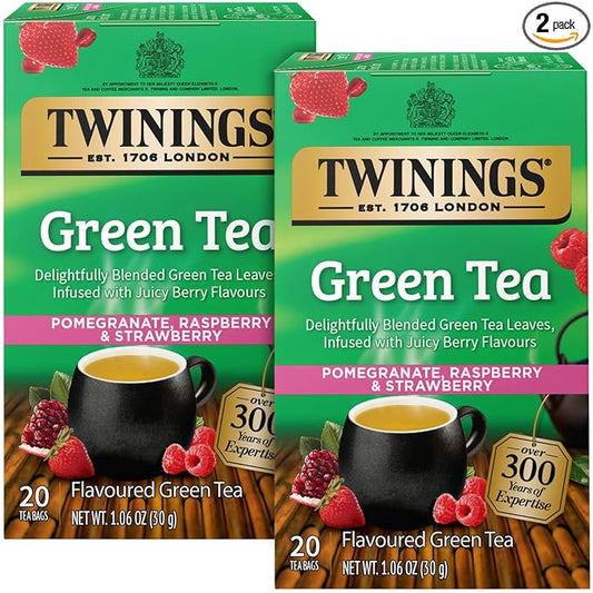Twinings Green Tea with Pomegranate, Raspberry, and Strawberry - Caffeinated Green Tea Bags Individually Wrapped, 20 Count (Pack of 2)  - Bloomnest