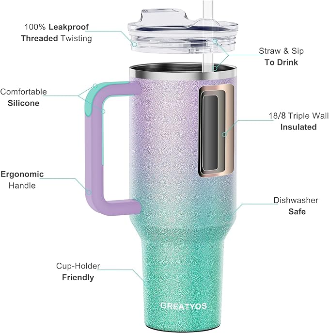 40 oz Tumbler with Handle and Straw Lid Insulated Tumblers Cups with Lids Straws Double Wall Vacuum Leak Proof Stainless Steel 40oz Tumbler Travel Mug Gifts for Men Women Him Her (Glitter) - Bloomnest