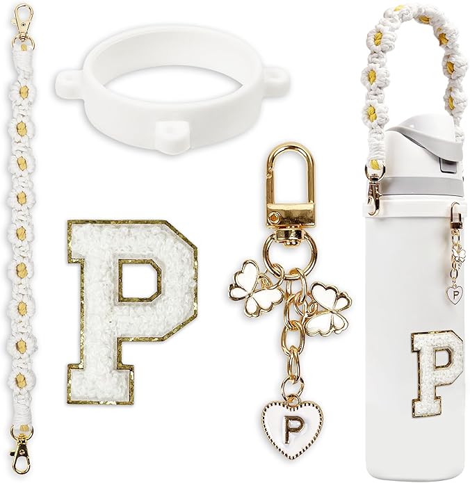 Compatible with Owala Water Bottle Accessories, Cute Letter Charm Set with Boho Handle Strap, Monogram Sticker, Silicone Ring, Keychain Decoration, for FreeSip 24 32 40oz, Owala Kids, Tumbler Gift SITKOL