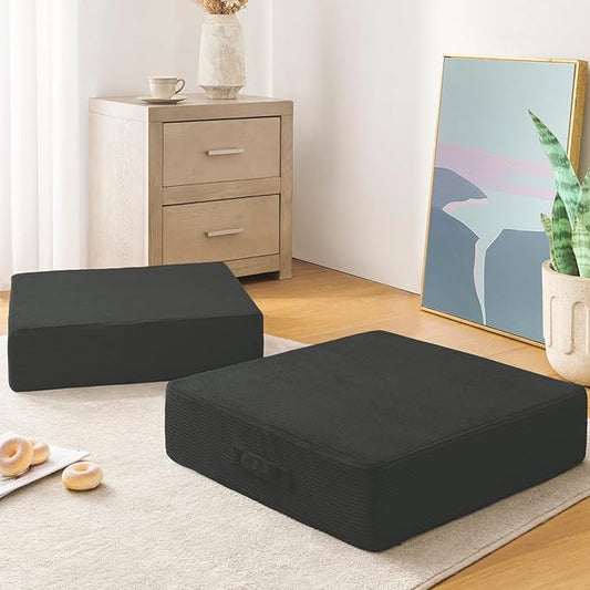 Wellsin Solid Square Floor Pillows for Adults Kids - Large Meditation Floor Pillow Seating Cushion with Thick Foam & Washable Velvet Cover, 2 Pack, 22x22x5 Inch, Gray - Bloomnest