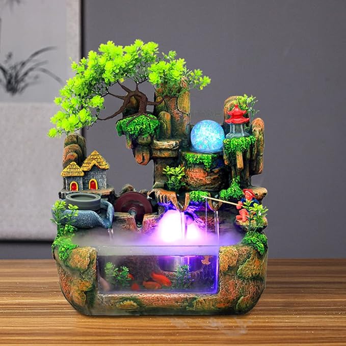 15" LED Desktop Fountain Waterfall Decor, Atomizing Desktop Humidifier w/LED Lights & Atomizer for Office Home Desk Decoration Gift Zen Meditation Resin Rockery Water Fountain Bonsai Bedroom Relax - Bloomnest