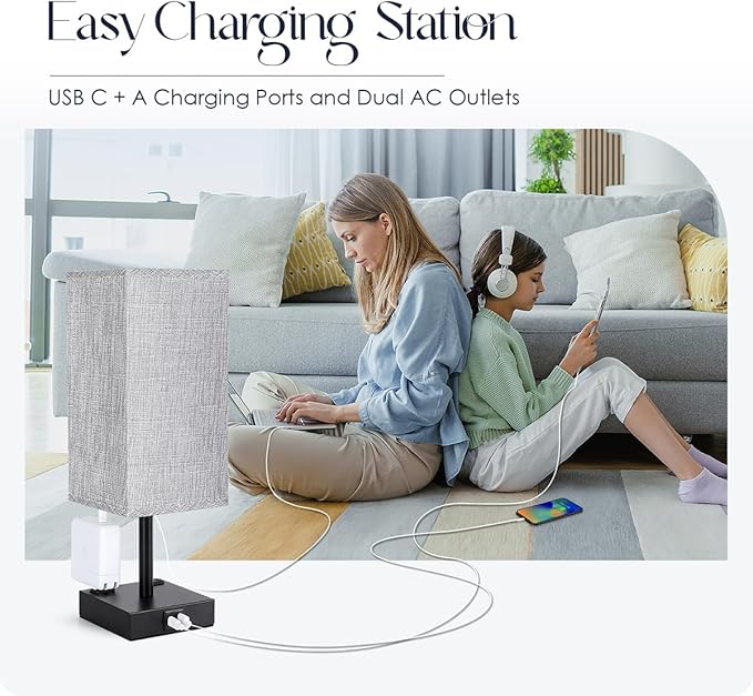 Bedside Table Lamp for Bedroom - Touch Small Lamp with USB C+A Charging Ports & AC Outlets, 3 Way Dimmable Nightstand Light for Living Room (LED Bulb Included, Grey) - Bloomnest