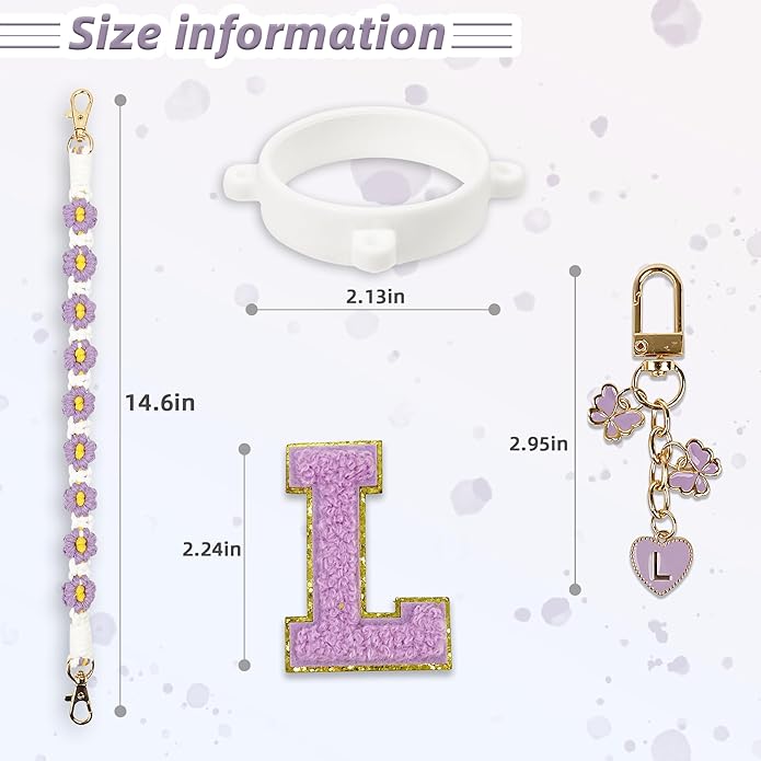 Compatible with Owala Water Bottle Accessories, Cute Letter Charm Set with Boho Handle Strap, Monogram Sticker, Silicone Ring, Keychain Decoration, for FreeSip 24 32 40oz, Owala Kids, Tumbler Gift SITKOL
