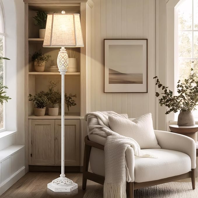 Luvkczc Rustic Floor Lamp with Floral Cutouts & Light, Vintage Farmhouse Style Standing Lamp Resin Floor Lamps for Living Room, Bedroom,Study (Bulb Included) - Bloomnest