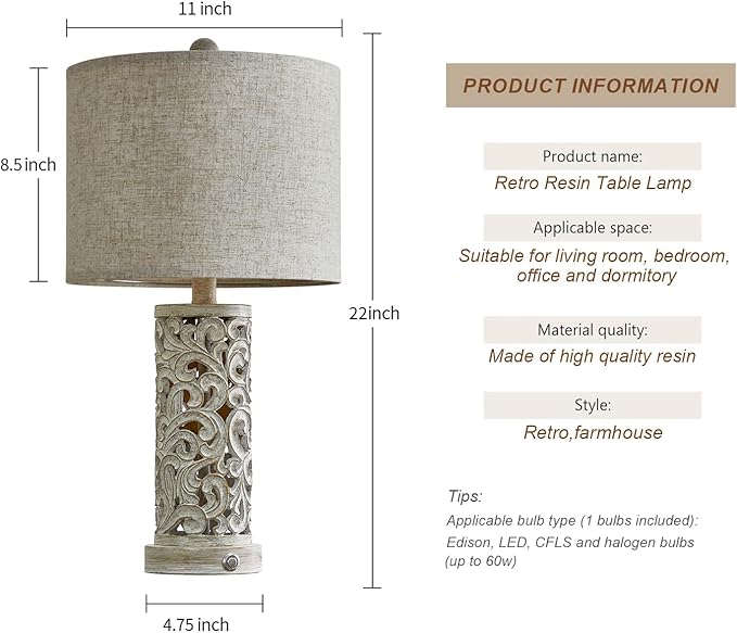 OYEARS 3-Way Dimmable 22'' USB A+C Touch Control Table Lamp with Nightlight for Living Room Bedroom Farmhouse Bedside Nightstand Lamps (Bulb Included) - Bloomnest