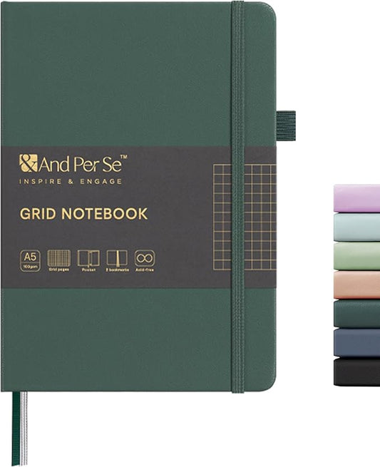 &And Per Se Graph Journal Notebook, 160 Pages, A5 5.7 x 8 inches 100 gsm Thick Paper Notebook Journals for Writing, Grid Hardcover Notebook(1 Pack, green)
