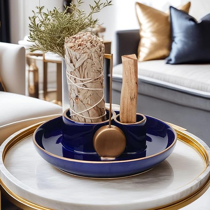 4 in 1 Incense Holder, Ceramic Incense Stick and Palo Santo Holder,Sage Holder for Burning- 5.5" Ceramic Ash Catcher Tray for Meditation and Yoga Room (Blue Golden) - Bloomnest