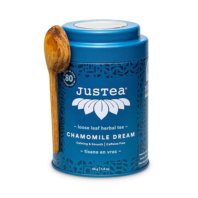 JusTea CHAMOMILE DREAM | Loose Leaf Herbal Tea | Tin with Hand Carved Tea Spoon |40+ Cups (1.6oz) | Caffeine Free | Award-Winning | Fair Trade | Non-GMO - Bloomnest