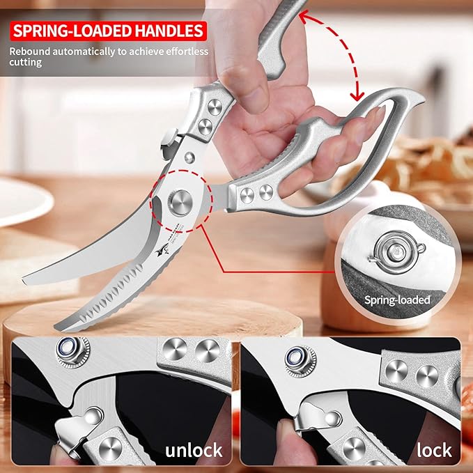 MAD SHARK Heavy Duty Poultry Shears, Kitchen Shears with Non-Slip Handle & Safety Lock, All Purpose Kitchen Scissors for Chicken, Meat Cutting, Turkey, Fish, Vegetables, Spring Loaded, Dishwasher Safe - Bloomnest